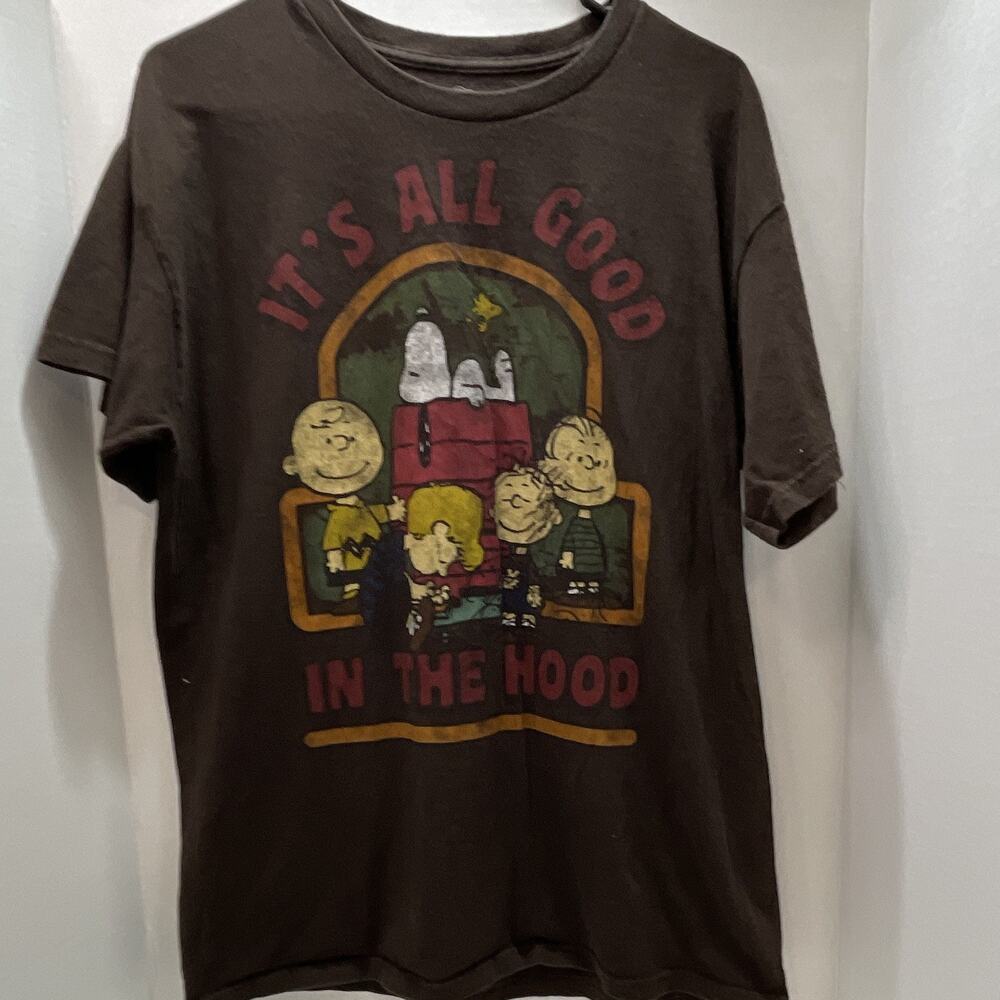 Peanuts Snoopy Charlie Brown Woodstock Men's Brown Graphic Crew Neck Tee L